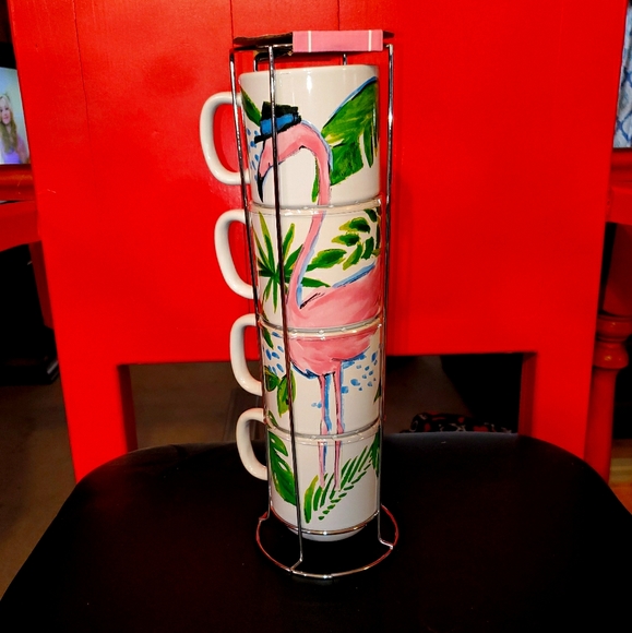 Other - Stackable flamingo mugs with holder 4 mugs NWT